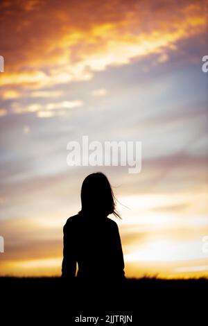 Un cliché vertical de la silhouette de la fille debout dans le champ contre le coucher du soleil. Banque D'Images