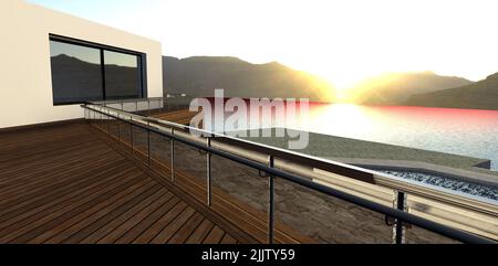 Terrasse d'une maison de campagne de luxe sur un lac de montagne. Parquet. Clôture en verre et en acier. Le coucher de soleil rouge se reflète dans l'eau. 3d ren Banque D'Images