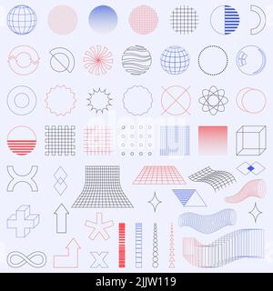 Un ensemble d'icônes et de formes linéaires minimalistes tendance pour le web design, les affiches, les vêtements, les couvertures. Éléments universels de style vaporwave et brutalisme. Réf Banque D'Images