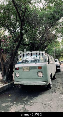 Une photo verticale d'un Bulli Old Volkswagen garée dans la rue sous un arbre à Mexico Banque D'Images