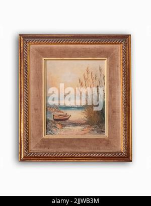 Jakarta, Indonésie-04 mai 2022 : peinture à l'huile avec navire et oiseau encadrés par un cadre en bois Banque D'Images