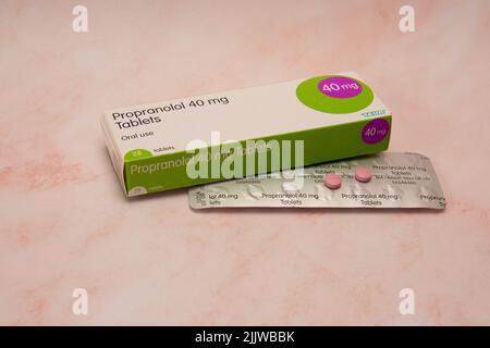 Propranol 40mg comprimés boîte, avec deux comprimés sur blister. Banque D'Images