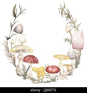 Cadre de champignons, illustration de la bordure de champignons dessinés à la main par aquarelle, couronne de champignons, arrangement de feuilles et de fleurs de forêt, composition d'automne Banque D'Images