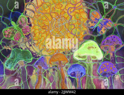 Champignons psychédéliques et papillons dans la nuit tripteuse. La technique d'abbing près des bords donne un effet de mise au point souple en raison de la surface modifiée r Banque D'Images