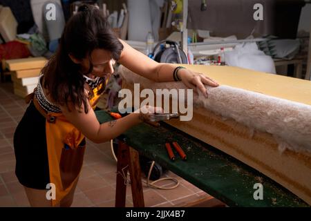 Vue latérale du menuisier féminin adulte ciblé avec des cheveux foncés dans des vêtements décontractés et un tablier martelant des clous dans une planche en bois tout en créant des meubles en W. Banque D'Images