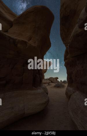 Chemin étroit menant à un magnifique paysage de formations rocheuses au Devils Garden sous un ciel laiteux et étoilé la nuit Banque D'Images