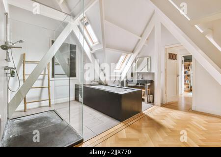 Intérieur d'un loft avec baignoire à côté de la douche Banque D'Images