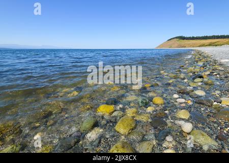 Plage et promontoire d'Ebey's Landing avec Puget Sound sous un ciel bleu d'été Banque D'Images