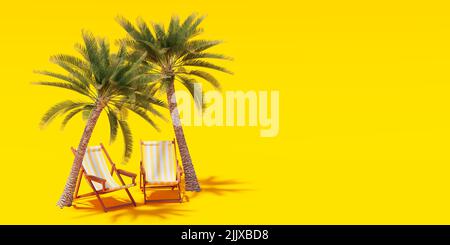 Palmiers et chaises longues sur fond jaune. 3d rendu Banque D'Images