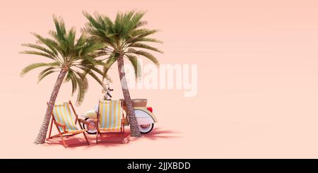 Palmiers, chaises longues et mobylette sur fond beige. 3d rendu Banque D'Images