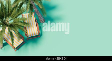 Palmiers, chaises longues sur fond vert. 3d rendu Banque D'Images