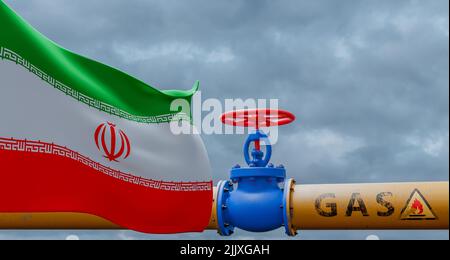 Iran gaz, valve sur le principal gazoduc Iran, Pipeline avec drapeaux Iran, tuyaux de gaz d'Iran, 3D travaux et 3D image Banque D'Images