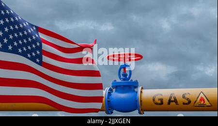 Gaz USA, vanne sur le gazoduc principal USA, Pipeline avec drapeaux USA, tuyaux de gaz des Etats-Unis, 3D travaux et 3D image Banque D'Images