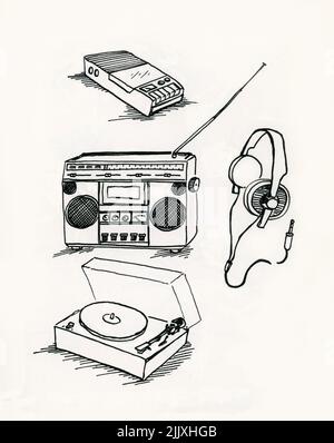 Équipement audio des années 80 : magnétophone, radio, casque et lecteur de disques Banque D'Images