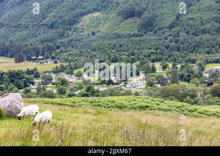 Camping camping-car Glen Nevis Caravan and motorhome au pied de Ben Nevis, la plus haute montagne des Britanniques, chaîne de montagnes des Grampians, Écosse, Royaume-Uni Banque D'Images