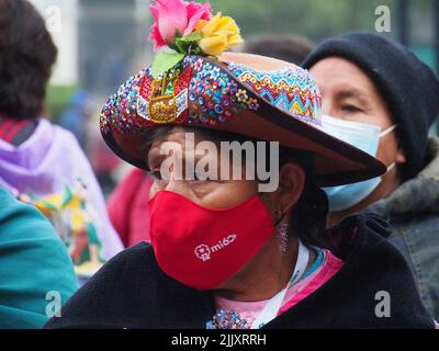 Femme autochtone participant à la manifestation lors du jour de l'indépendance du Pérou, des centaines de personnes se rassemblent dans les rues pour protester contre le Président Pedro Castillo, accusé de divers actes de corruption après la première année de son règne. Banque D'Images