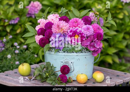 bouquet de dahlias roses, fleurs d'hortensia et roses en pot vintage Banque D'Images