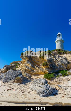 Phare de Bathurst sur l'île Rottnest, juste au large de la ville de Perth, en Australie occidentale. Le phare historique a été construit en 1900 en raison d'un Banque D'Images