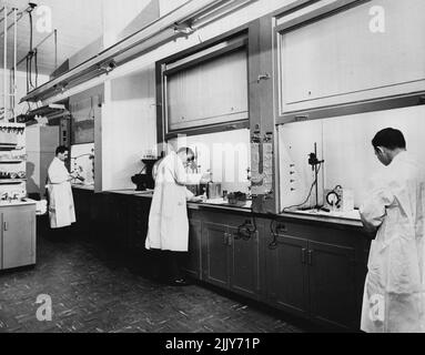2000 scientifiques formés à l'« école Atom » -- Master - expériences de laboratoire recevront une attention majeure dans le cours spécial de formation sur les radio-isotopes pour les scientifiques étrangers, qui sera mené par l'Institut d'études nucléaires d'Oak Ridge ce printemps. Un programme spécial de formation sur les radio-isotopes à l'intention des scientifiques étrangers sera mené en mai par l'Institut d'études nucléaires de la centrale atomique d'Oak Ridge, au Tennessee. Il s'agit de l'un des nombreux projets de la Commission de l'énergie atomique des États-Unis visant à aider le programme international "atomes pour la paix". 29 juin 1955. Banque D'Images