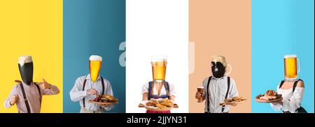 Ensemble de personnes avec de la bière au lieu de leur tête et des collations sur fond de couleur. Fête de l'octobre Banque D'Images