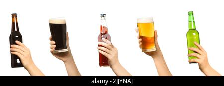 Jeu de mains avec bière isolée sur blanc Banque D'Images