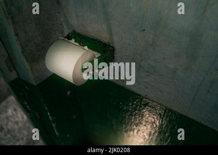 Un rouleau de papier toilette simple pli le moins cher sur un support de papier toilette dans une toilette extérieure rurale Banque D'Images