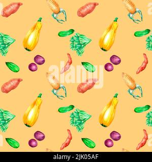 Variété de légumes colorés aquarelle motif sans couture sur la moutarde. Pommes de terre, courges, concombres, feuilles de légumes, courgettes peintes à la main. Légumes Banque D'Images