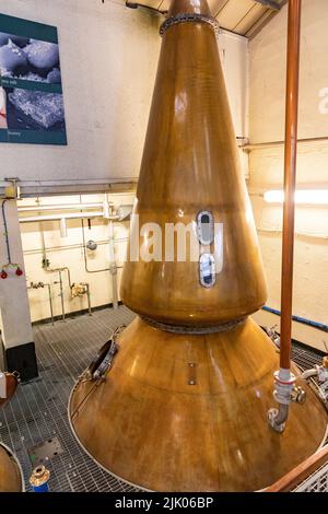 Intérieur de la distillerie de whisky Oban et distillateurs de cuivre travaux de la distillerie pour produire du whisky single malt, Oban, Scottish Highlands, Écosse, Royaume-Uni Banque D'Images