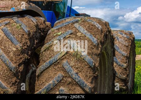 roues doubles sales d'un tracteur agricole par beau temps d'été Banque D'Images