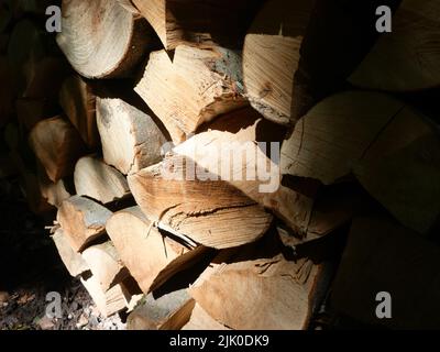 Gros plan de quelques billettes de bois ensoleillées dans la pile Banque D'Images