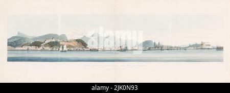 Vue panoramique de la ville de Rio de Janeiro prise de l'ancrage par Sir Henry Chamberlain, 2nd Baronet graveur: John Heaviside Clark. John Heaviside Clark (v.1771–1863) est un graveur écossais d'aquatint et peintre de paysages marins et de paysages. Il était également connu sous le nom de Waterloo Clark, à cause des croquis qu'il a faits sur le terrain directement après la bataille de Waterloo. Clark expose régulièrement à l'Académie royale entre 1801 et 1832. Il a été l'auteur d'Un essai pratique sur l'art de coloriage et de peinture paysages, avec des illustrations, publié en 1807, et Une illustration pratique de G Banque D'Images