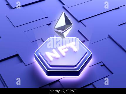 NFT non fongible Token et Ethereum technologie blockchain en rendu 3D. Crypto-monnaies tendance, métaverse et cryptoart concept Banque D'Images