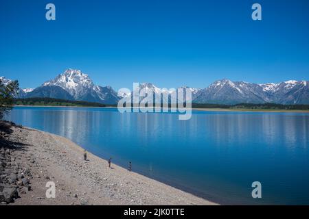 Jackson, WY, USA - 27 juin 2022 : un enfant jette une pierre dans le lac Jackson qui reflète la chaîne de montagnes du parc national de Grand Teton sur un clin d'eau Banque D'Images