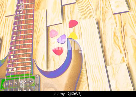 Rock guitare électrique funky dans lumière jaune néon sur une surface en bois Banque D'Images