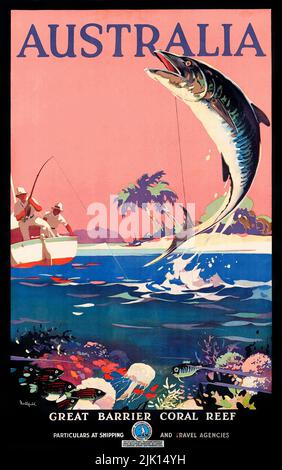 Affiche de voyage vintage 1950s pour la Grande barrière de corail, Australie Banque D'Images