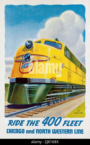 Affiche sur les trains vintage 1940s - MONTEZ À BORD DE LA FLOTTE « 400 » / CHICAGO ET LA LIGNE NORD-occidentale. 1942. Banque D'Images