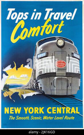 Affiche de chemin de fer vintage 1950s - LES HAUTS DANS LE CONFORT DE VOYAGE / NEW YORK CENTRAL. Vers 1950s. Banque D'Images