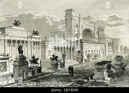 La légende de 1884 se lit comme suit: 'Restauration de la Villa Quintilii sur la voie Appienne par Canina.' Situé au cinquième kilomètre de la via Appia Antica, la Villa dei Quintili, le plus grand complexe résidentiel de la banlieue de Rome, fait partie du parc archéologique d'Appia Antica. Grâce à la découverte d'un tuyau de plomb portant le nom des propriétaires, il est certain que le complexe appartenait aux frères Sesto Quintilio Condiano et Sesto Quintilio Valerio Massimo, membres d'une famille sénatoriale et consuls en 151 AD. En 182-183 après J.-C., les Quintilii ont été tués par l'empereur Commodus pour avoir comploté un conspirat Banque D'Images