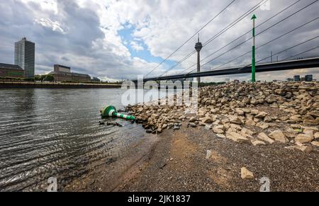 Düsseldorf, Rhénanie-du-Nord-Westphalie, Allemagne - bouée de fairway renversée à basse eau dans le Rhin, en face de Rheinkniebruecke et Rheinturm. Après a l Banque D'Images