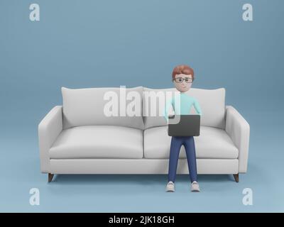 Joyeux jeune homme souriant assis sur un canapé et utilisant un ordinateur portable travail de la maison. 3D rendu de l'image. Banque D'Images