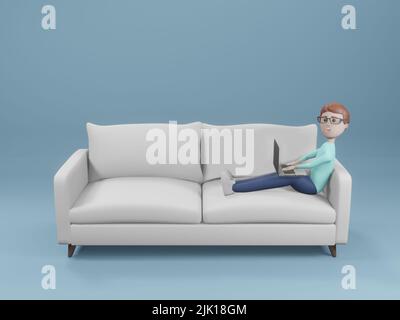 Un jeune homme souriant allongé sur un canapé et utilisant un ordinateur portable de travail de la maison. 3D rendu de l'image. Banque D'Images