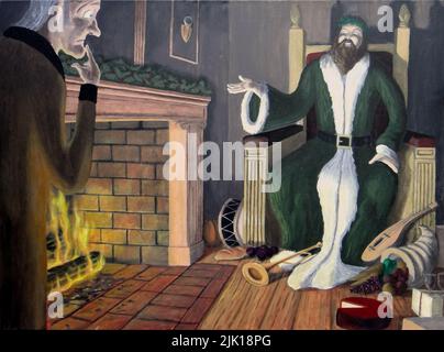 Scrooge rencontre le fantôme de Noël présent, assis près de la cheminée entouré de cadeaux et de nourriture. De Dickens Christmas Carol. Banque D'Images