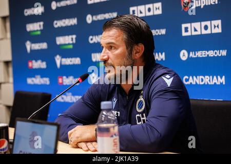 Knokke Heist, Belgique. 29th juillet 2022. Carl Hoefkens, entraîneur en chef du club, photographié lors de la conférence de presse hebdomadaire de l'équipe belge de football Club Brugge KV, vendredi 29 juillet 2022 à Knokke-Heist, pour discuter du prochain match de compétition nationale contre KAS Eupen. BELGA PHOTO KURT DESPLENTER crédit: Belga News Agency/Alay Live News Banque D'Images