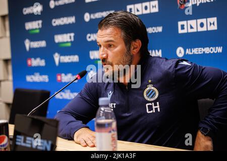 Knokke Heist, Belgique. 29th juillet 2022. Carl Hoefkens, entraîneur en chef du club, photographié lors de la conférence de presse hebdomadaire de l'équipe belge de football Club Brugge KV, vendredi 29 juillet 2022 à Knokke-Heist, pour discuter du prochain match de compétition nationale contre KAS Eupen. BELGA PHOTO KURT DESPLENTER crédit: Belga News Agency/Alay Live News Banque D'Images