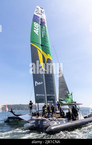 SailGP, Plymouth, Royaume-Uni. 29th juillet 2022. Vendredi est le jour de la pratique pour le Grand Prix de voile britannique, alors que la Grande-Bretagne Ocean City accueille le troisième événement de la saison 3 comme la course la plus compétitive sur l'eau. L'événement revient à Plymouth le 30-31 juillet. Crédit : Julian Kemp/Alay Live News Banque D'Images