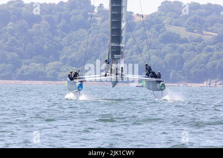 SailGP, Plymouth, Royaume-Uni. 29th juillet 2022. Vendredi est le jour de la pratique pour le Grand Prix de voile britannique, alors que la Grande-Bretagne Ocean City accueille le troisième événement de la saison 3 comme la course la plus compétitive sur l'eau. L'événement revient à Plymouth le 30-31 juillet. Crédit : Julian Kemp/Alay Live News Banque D'Images