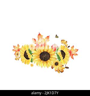 Une composition de jardin d'automne. Un ensemble d'illustrations aquarelles sur le thème de la récolte d'automne. Composition du jardin de tournesols, érable et chêne l Banque D'Images