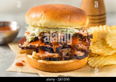 Sandwich au fromage de Brisson haché maison avec sauce barbecue et frites Banque D'Images