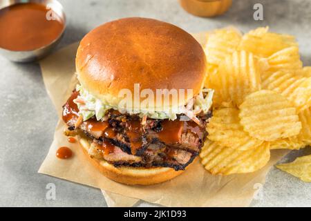 Sandwich au fromage de Brisson haché maison avec sauce barbecue et frites Banque D'Images