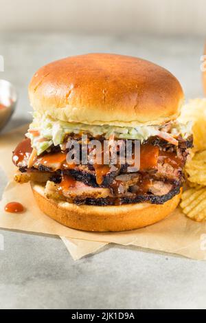 Sandwich au fromage de Brisson haché maison avec sauce barbecue et frites Banque D'Images